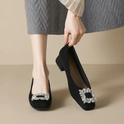 Vrouwen Vierkante Teen Blokhak Pumps Elegante Flock Strass Gesp Franse Stijl Kantoor Jurk Schoenen Klassiek Zwart Hakken