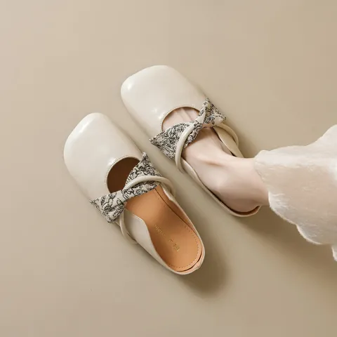 Women Vintage French Style Mules Square Toe Flat Slippers Floral Bow Microfiber Leather Breathable Casual Outdoor Shoes