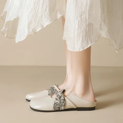 Women Vintage French Style Mules Square Toe Flat Slippers Floral Bow Microfiber Leather Breathable Casual Outdoor Shoes