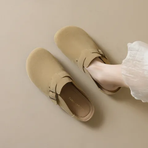 Women Retro Suede Mules Closed Toe Flat Slippers With Adjustable Metal Buckle Casual Slip On Outdoor Comfort Shoes