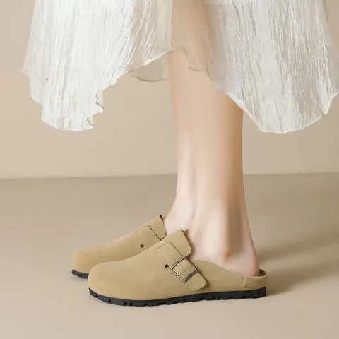 Women Retro Suede Mules Closed Toe Flat Slippers With Adjustable Metal Buckle Casual Slip On Outdoor Comfort Shoes