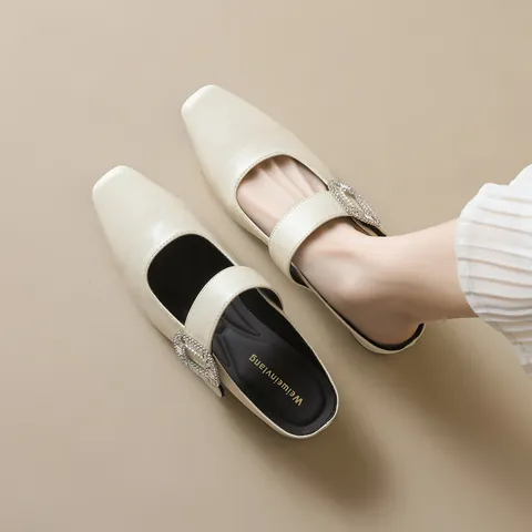 Women's French Retro Square Toe Mules Rhinestone Buckle Block Heel Microfiber Leather Half Slippers Comfortable Summer Outdoor Slides