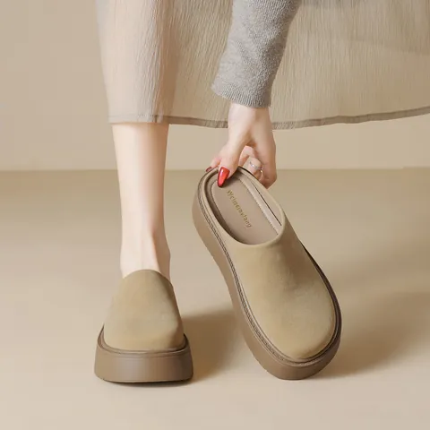 Women's Retro Frosted Leather Mules Thick Sole Height Increasing Closed Toe Slip On Casual Platform Slippers Outdoor