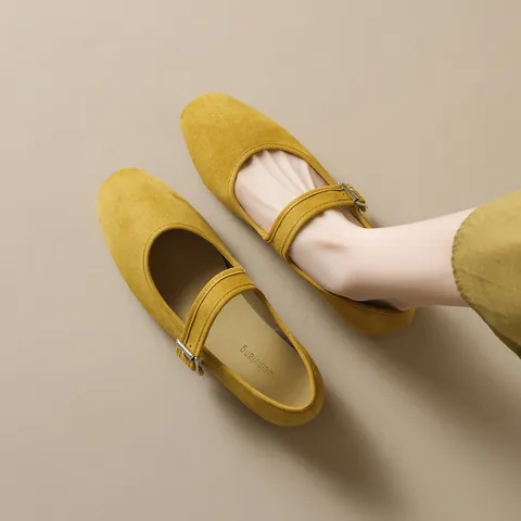 French Vintage Women Suede Mary Jane Flats Round Toe Buckle Strap Soft Sole Casual Ballet Shoes Low Heel Walking Flats