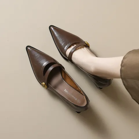 French Vintage Pointed Toe Mary Jane Shoes For Women Block Heel Camellia Flower Buckle Low Cut Pumps Elegant Dress Shoes