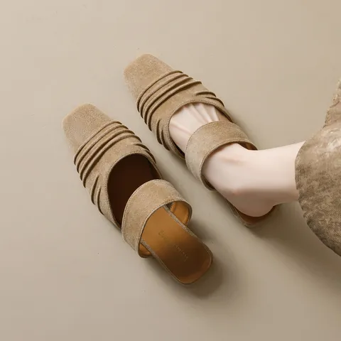 French Retro Square Toe Pleated Mules For Women Suede Flat Slippers Comfortable Non-Slip Casual Outdoor Summer Slide Shoes