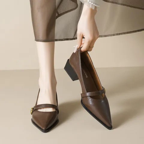 French Vintage Pointed Toe Mary Jane Shoes For Women Block Heel Camellia Flower Buckle Low Cut Pumps Elegant Dress Shoes