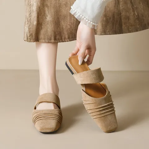 French Retro Square Toe Pleated Mules For Women Suede Flat Slippers Comfortable Non-Slip Casual Outdoor Summer Slide Shoes