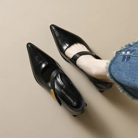 French Style Women's Mary Jane Shoes Pointed Toe Chunky Heel Metal Buckle Microfiber Leather Elegant Pumps For Office Daily
