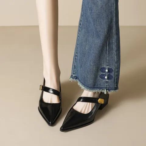 French Style Women's Mary Jane Shoes Pointed Toe Chunky Heel Metal Buckle Microfiber Leather Elegant Pumps For Office Daily