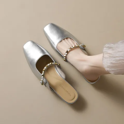 Women Rivet Square Toe Mules Microfiber Leather Flat Low Heel Half Slippers Comfortable Slip On Casual Shoes For Daily Office