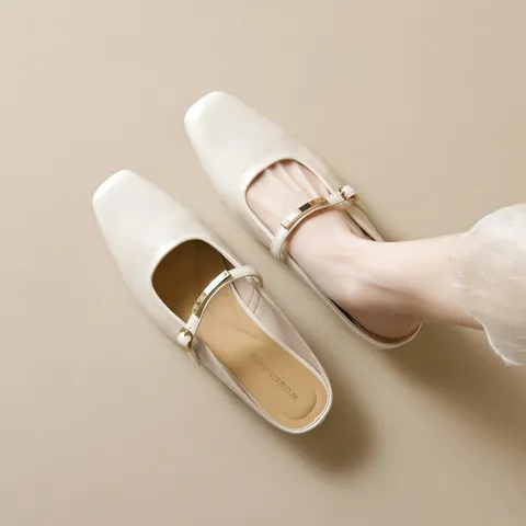 French Retro Women Square Toe Mules Microfiber Leather Mary Jane Strap Thick Low Heel Casual Summer Closed Toe Slippers