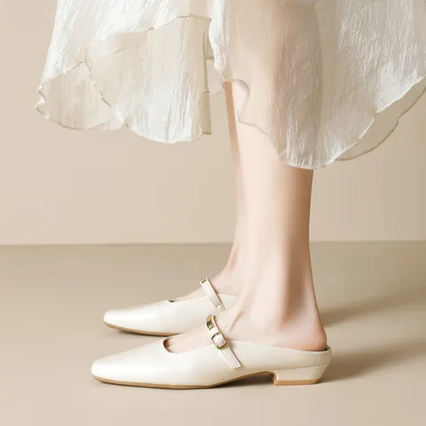 French Retro Women Square Toe Mules Microfiber Leather Mary Jane Strap Thick Low Heel Casual Summer Closed Toe Slippers