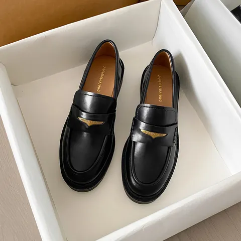 Women British Retro Black Loafers Thick Sole Round Toe Slip-On Casual Shoes Microfiber Patent Leather Metal Buckle Chunky Heel