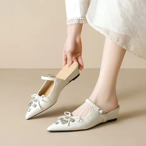 Pointed Toe Mary Jane Muller Shoes Women Bow Rhinestone Low Wedge Heel Microfiber Leather Slip On Sandals French Style
