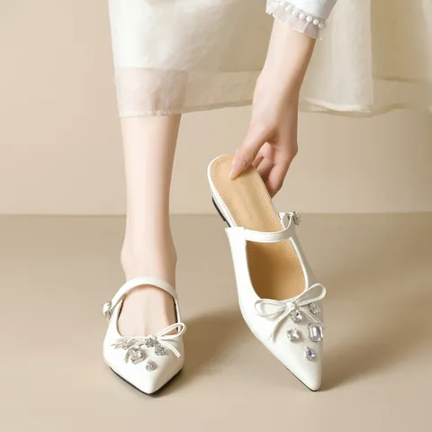 Pointed Toe Mary Jane Muller Shoes Women Bow Rhinestone Low Wedge Heel Microfiber Leather Slip On Sandals French Style