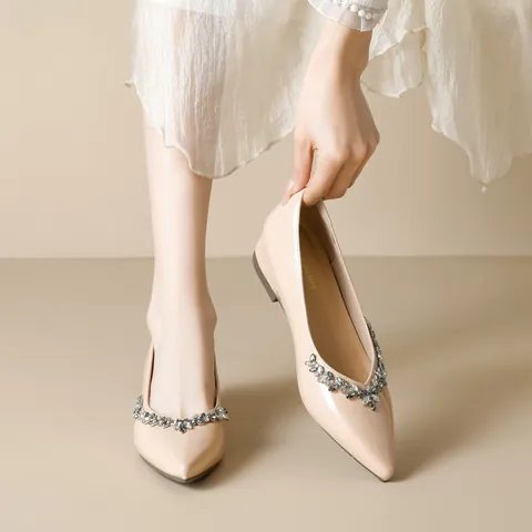 Women Pointed Toe Flats Rhinestone Hidden Wedge Microfiber Leather Comfortable Slip On Shoes For Wedding Party Daily Wear