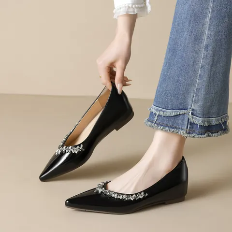 Women Pointed Toe Flats Rhinestone Hidden Wedge Microfiber Leather Comfortable Slip On Shoes For Wedding Party Daily Wear