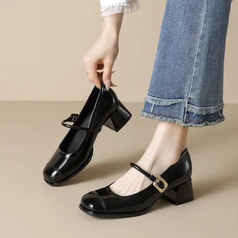 Zapatos Mary Jane Estilo Francés Punta Cuadrada Para Mujer Cuero Microfibra Tacón Bloque Retro Oficina Hebilla Metálica