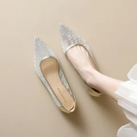Women Pointed Toe Mesh Flat Shoes Rhinestone Fairy Style Elegant Soft Sole Slip On Wedding Party Single Shoes