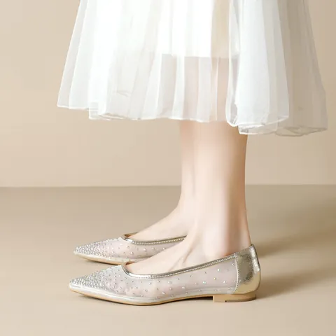 Women Pointed Toe Mesh Flat Shoes Rhinestone Fairy Style Elegant Soft Sole Slip On Wedding Party Single Shoes