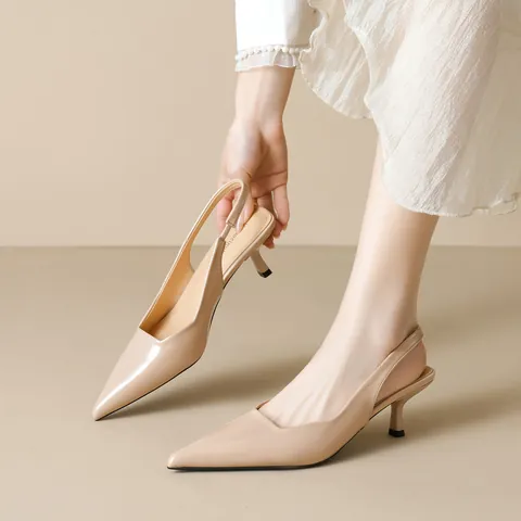 Women's Elegant Pointed Toe Slingback Pumps Microfiber Leather Kitten Heel Sandals Office Lady Classic Dress Shoes