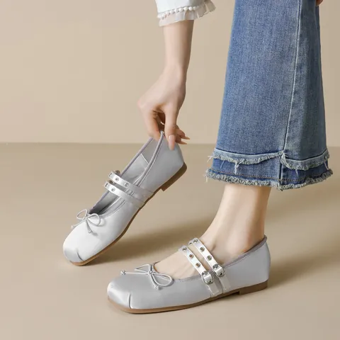 Women's Satin Mary Jane Ballet Flats Square Toe Double Strap Bow Soft Sole Silver Champagne Fashion Daily Shoes