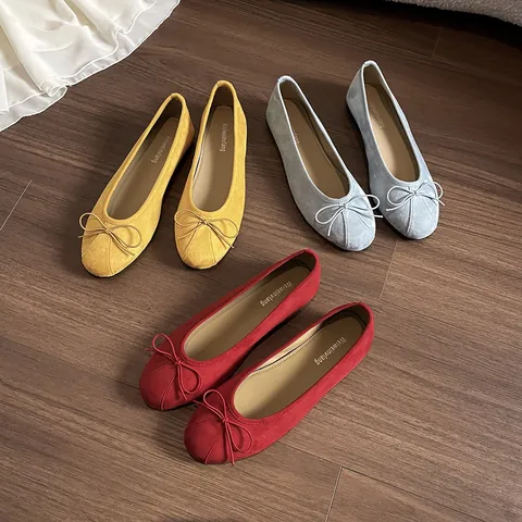 Chaussures Plates Ballerines à Bout Rond pour Femmes Tige en Suède Semelle en Caoutchouc Encolure Peu Profonde Nœud Confortables Décontractées