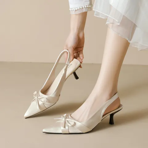 Women Pointed Toe Bow Slingback Kitten Heels Satin Elegant French Style Pumps For Wedding Banquet Party Comfortable Shoes