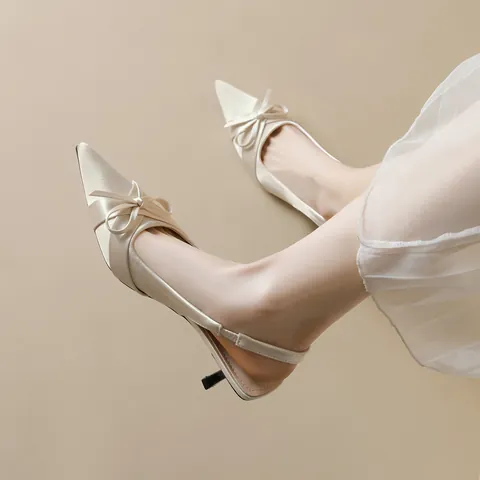 Women Pointed Toe Bow Slingback Kitten Heels Satin Elegant French Style Pumps For Wedding Banquet Party Comfortable Shoes