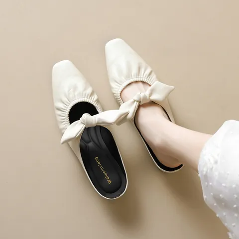 Women Vintage Square Toe Mules Microfiber Bow Pleated Chunky Low Heel Slip On Half Slippers Daily Fashion Footwear Shoes