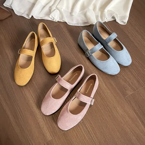 Women French Vintage Mary Jane Flats Suede Round Toe Soft Sole Ballet Shoes With Buckle Strap Comfortable Everyday Casual Shoes