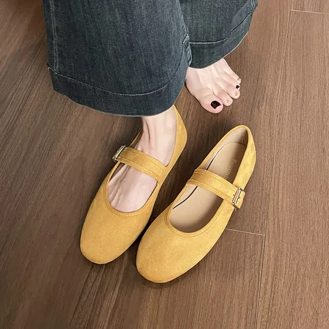 Women French Vintage Mary Jane Flats Suede Round Toe Soft Sole Ballet Shoes With Buckle Strap Comfortable Everyday Casual Shoes