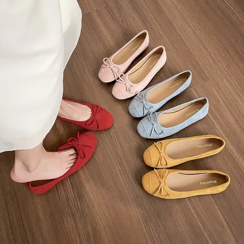 Women's French Vintage Ballet Flats Soft Suede Fabric Round Toe Bowknot Shallow Mouth Comfortable Anti-slip Everyday Flat Shoes