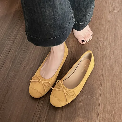 Women's French Vintage Ballet Flats Soft Suede Fabric Round Toe Bowknot Shallow Mouth Comfortable Anti-slip Everyday Flat Shoes