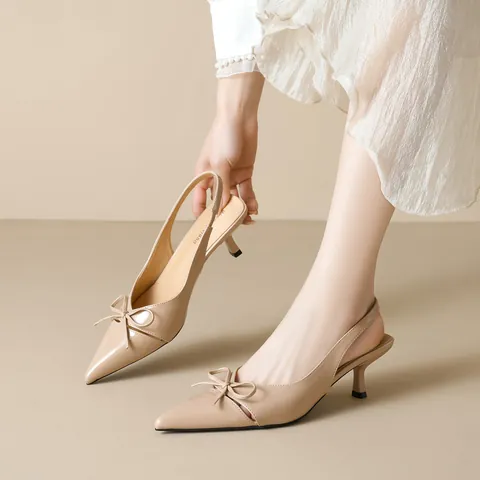 Elegant Pointed Toe Slingback Kitten Heels Women Bow Patent Finish Microfiber French Style Breathable Sandals For Office Daily Party