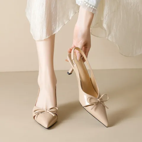 Elegant Pointed Toe Slingback Kitten Heels Women Bow Patent Finish Microfiber French Style Breathable Sandals For Office Daily Party