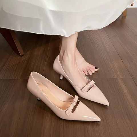 French Elegant Pointed Toe Kitten Heels Patent Leather Bow Cut Out Pumps Low Fine Heel Shallow Shoes For Women Daily Work