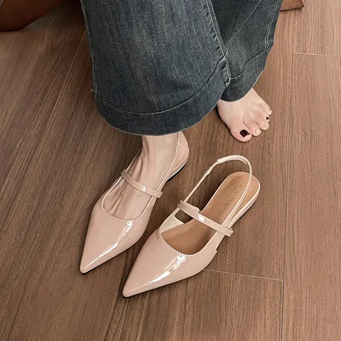 Women Elegant Pointed Toe Flat Slingback Shoes Patent Leather Thin Strap Mary Jane Flats Casual Office Daily Wear Sandals