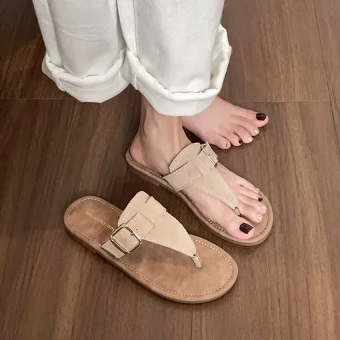 Women's French Style Genuine Cow Leather Flip Flops Casual Flat Bottom Thong Sandals With Metal Buckle Summer Beach Shoes