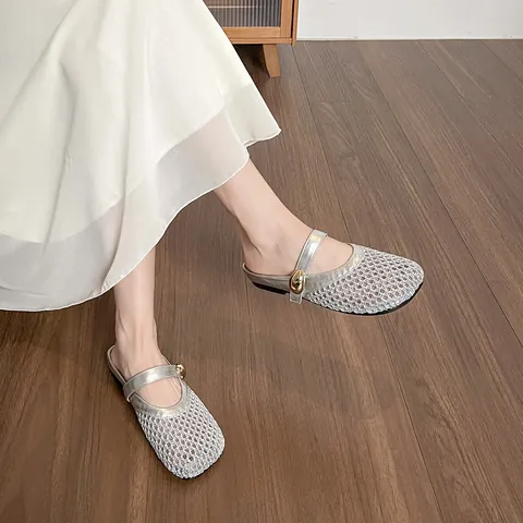 Women's Mesh Mary Jane Mules Breathable Flat Half Slippers With Gold Metal Buckle Silver Apricot Casual Comfort Walking Shoes