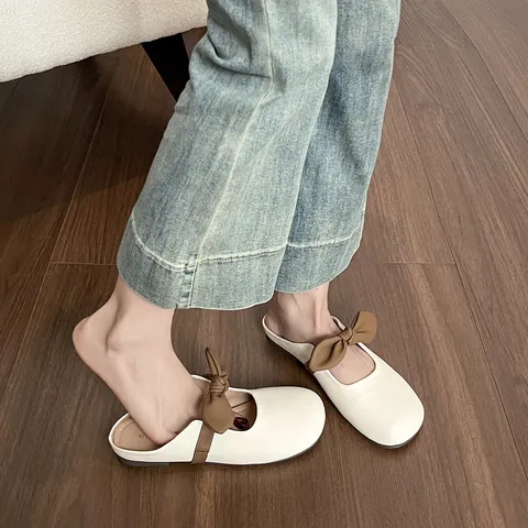 Women's Microfiber Leather Closed Toe Mules Casual Flat Slippers With Satin Bow Knot Soft Sole Round Toe Backless Loafers
