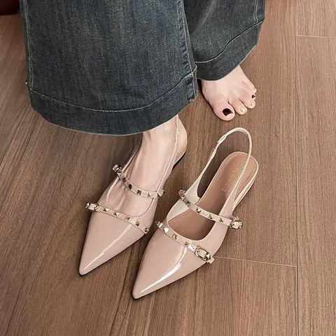 Women's French Style Pointed Toe Slingback Flats Microfiber Patent Leather Rivet Sandals With Gold Stud Straps Elegant Comfort Shoes