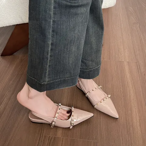 Women's French Style Pointed Toe Slingback Flats Microfiber Patent Leather Rivet Sandals With Gold Stud Straps Elegant Comfort Shoes