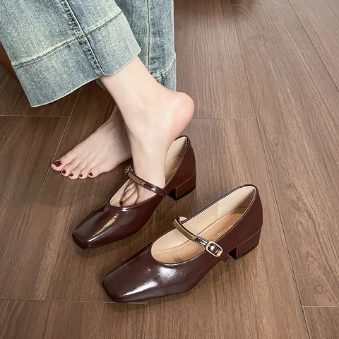 French Style Square Toe Mary Jane Shoes For Women Patent Shiny Microfiber Leather Chunky Heel Single Strap Buckle Pumps