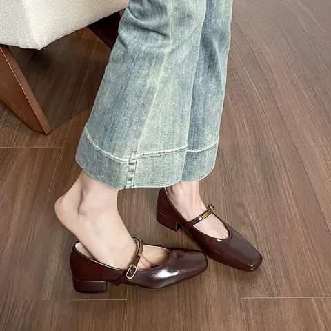 French Style Square Toe Mary Jane Shoes For Women Patent Shiny Microfiber Leather Chunky Heel Single Strap Buckle Pumps