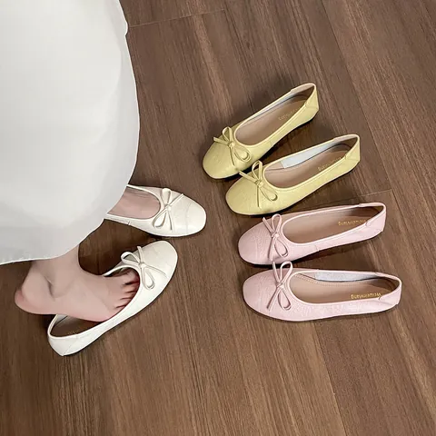 Women French Retro Square Toe Ballet Flats Comfortable Microfiber Soft Sole Shallow Mouth Bowknot Daily Casual Walking Shoes