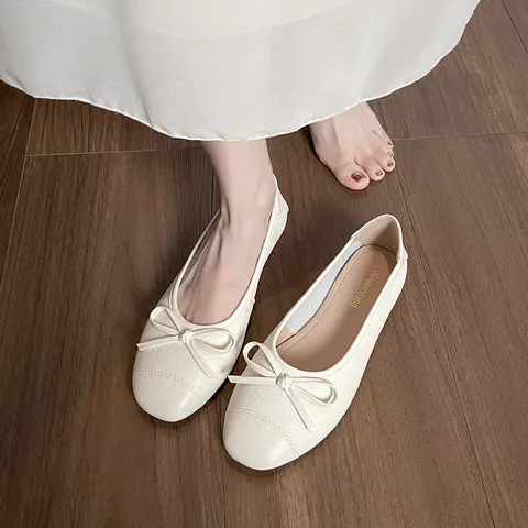 Women French Retro Square Toe Ballet Flats Comfortable Microfiber Soft Sole Shallow Mouth Bowknot Daily Casual Walking Shoes