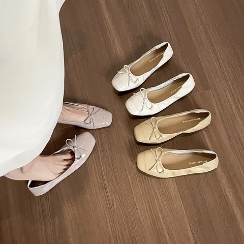 Women's French Elegant Square Toe Bow Ballet Flats Microfiber Leather Breathable Comfortable Non-slip Flat Shoes For Daily Commuting Office