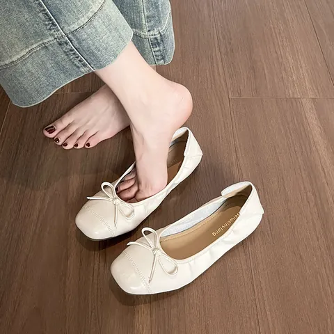 Women's French Elegant Square Toe Bow Ballet Flats Microfiber Leather Breathable Comfortable Non-slip Flat Shoes For Daily Commuting Office